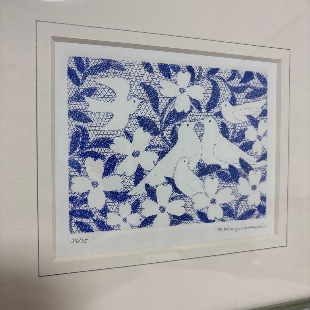 リトグラフ 絵 鳥 青 北海道 西村一夫