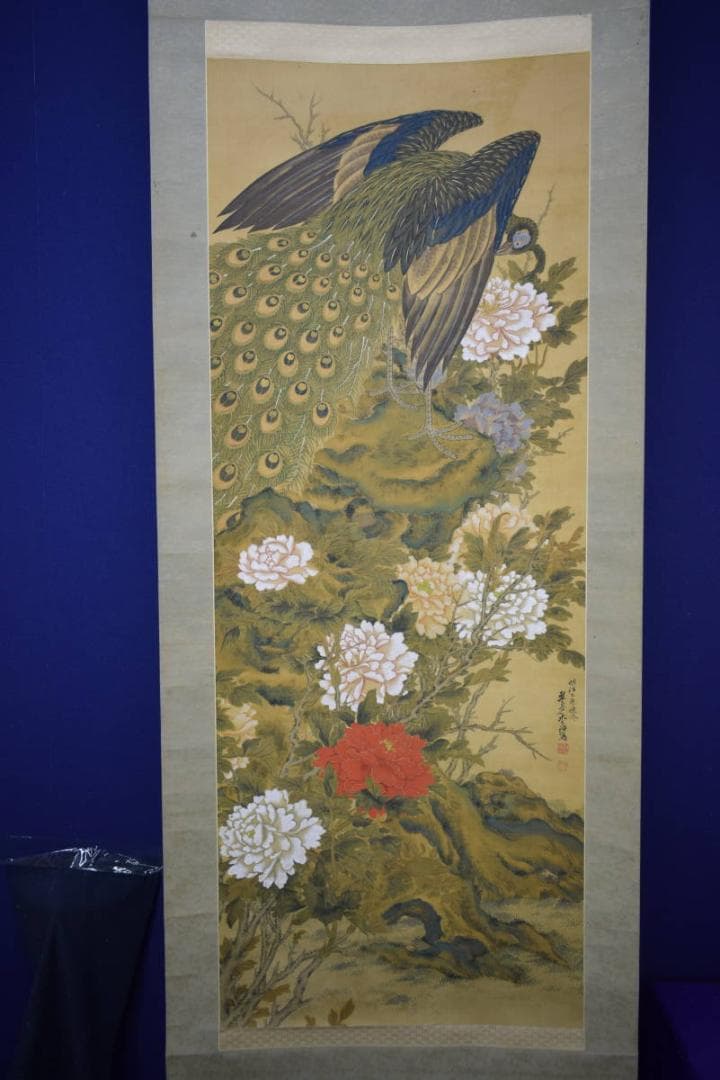 真作/翠雨山人（画）/孔雀に牡丹図/杉箱二重箱付/布袋屋掛軸HG-947