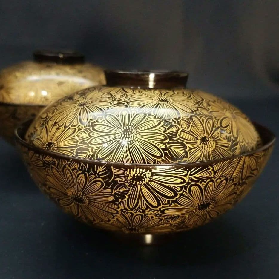 能登輪島塗 総沈金 菊花詰 吸物椀 2客　懐石椀 茶道具　美品　①