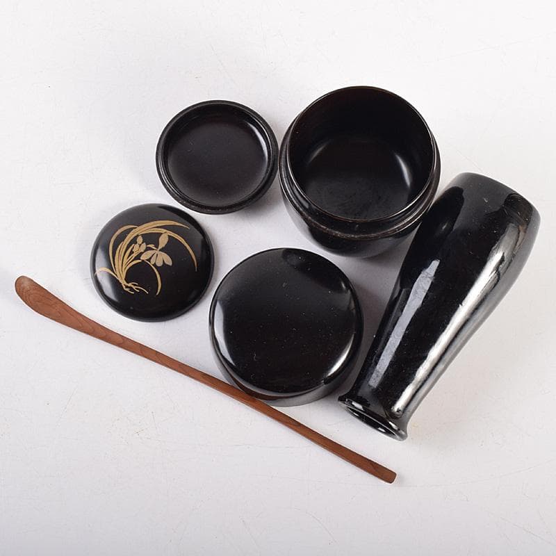 茶道具　鎌倉彫　高台寺文　利休茶箱　黒楽茶碗　振出など　七点一式　M　R8803