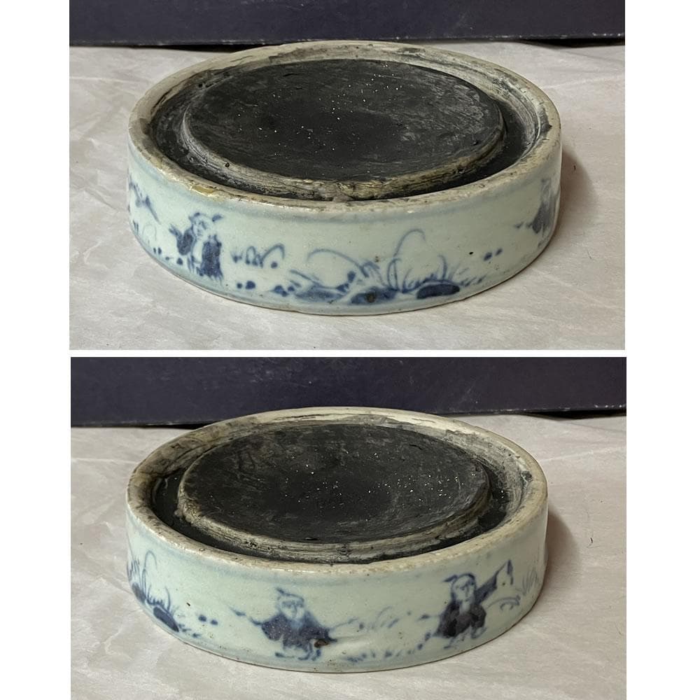 y051 陶硯 染付 唐子図 硯 巾11.5cm 茶道具 書道具 中国古美術