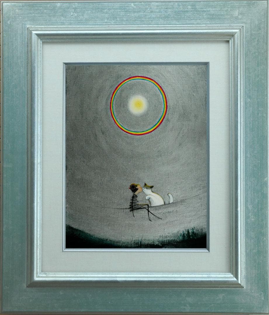 油絵 菅家令子 絵 絵画インテリア額付(淡い銀青緑) F3-031019猫女の子