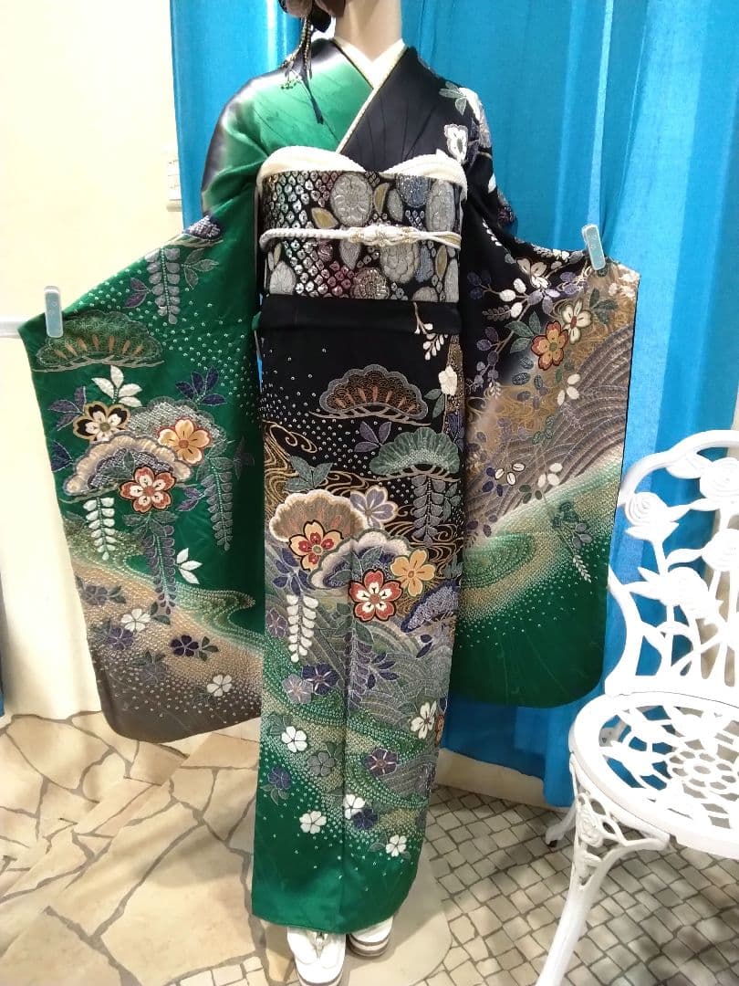 振袖フルセット、正絹絞り辻が花、成人式、重ね衿、帯揚げ帯締め、膨れ袋帯、襦袢