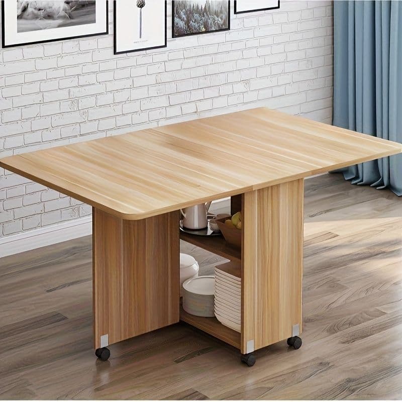 伸縮折りたたみダイニングテーブル キャスター付き 収納スペース搭載