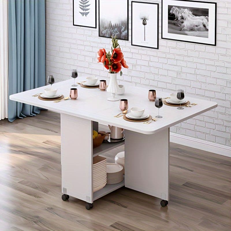 伸縮折りたたみダイニングテーブル キャスター付き 収納スペース搭載