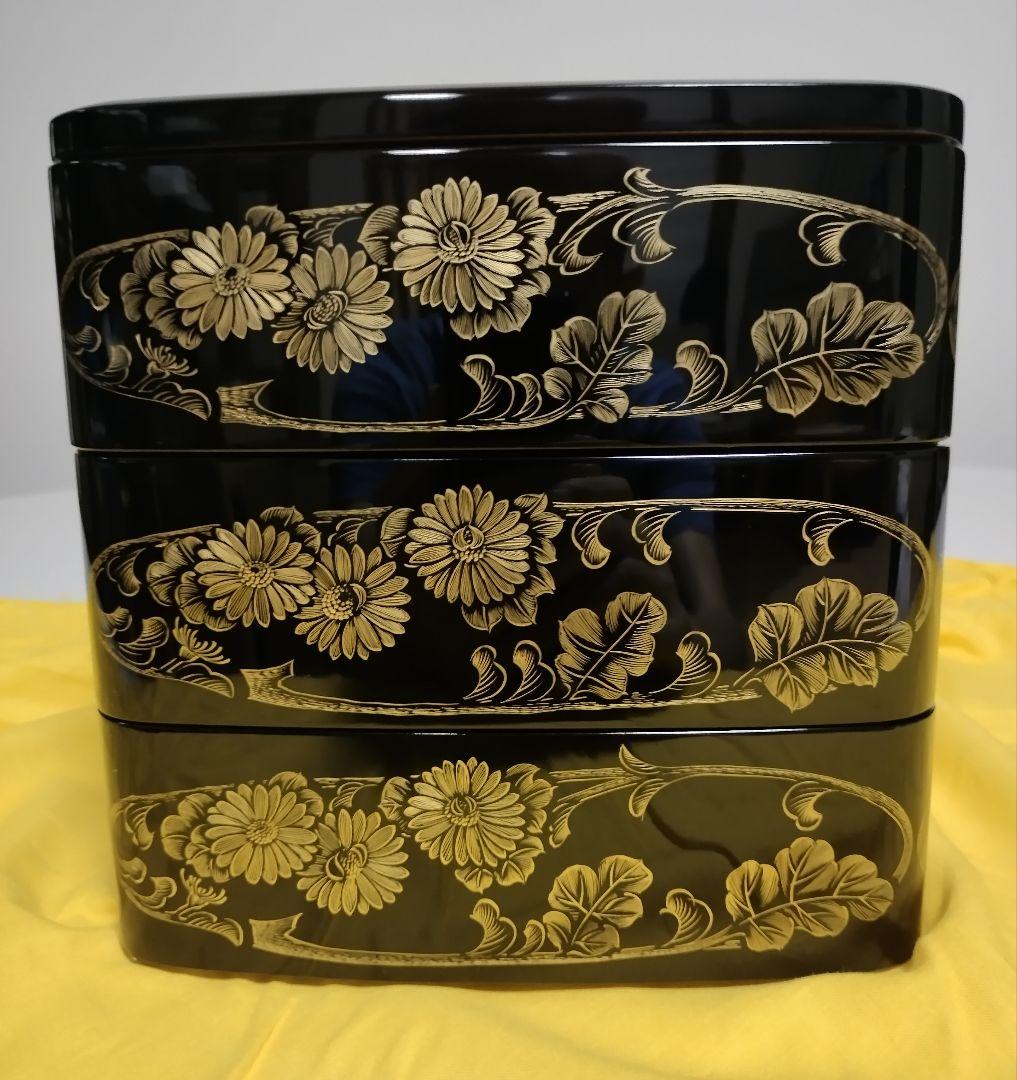 輪島塗　四君子沈金　胴張　三段重