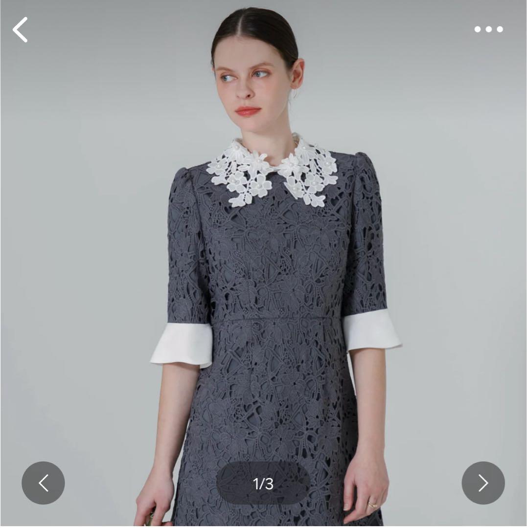 LEJA 花柄レースカラースパンコール刺繍Aラインフレアドレスワンピース