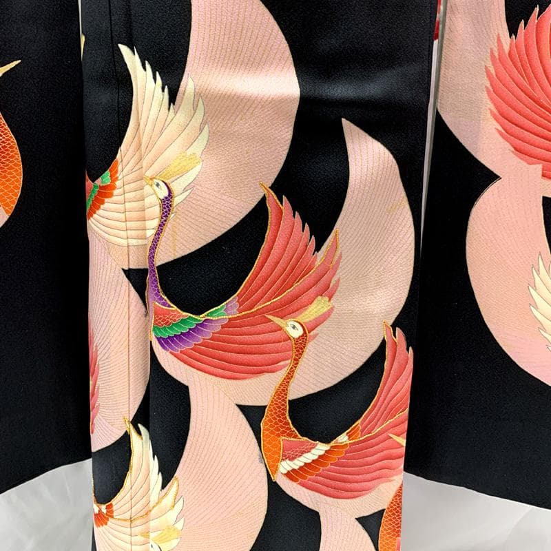 511ag43□七五三 七歳 女児 着物&袋帯 ヴィンテージ 孔雀 黒□状態良好