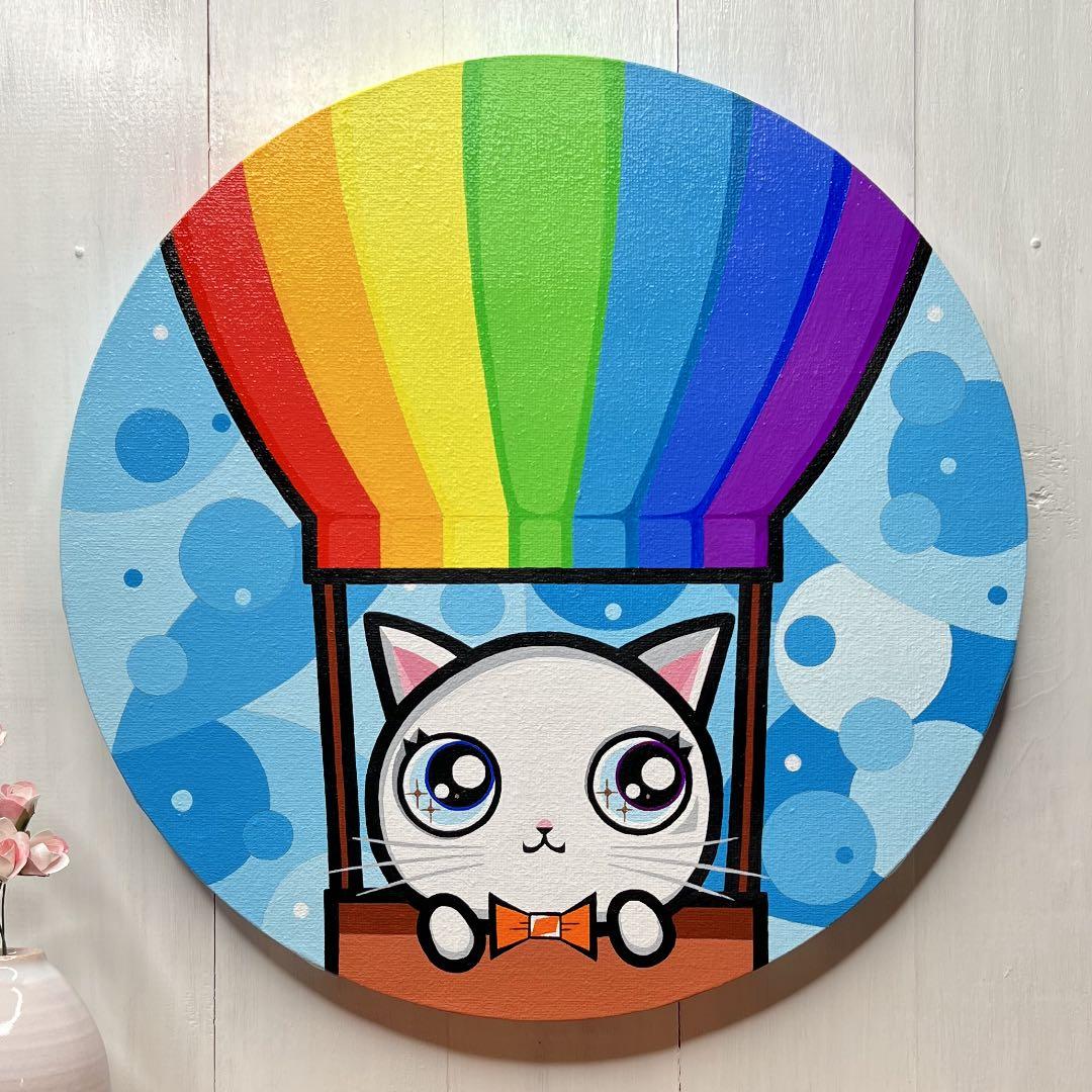 「虹色の気球」｜絵画 原画 動物画 猫の絵 イラスト ドローイング