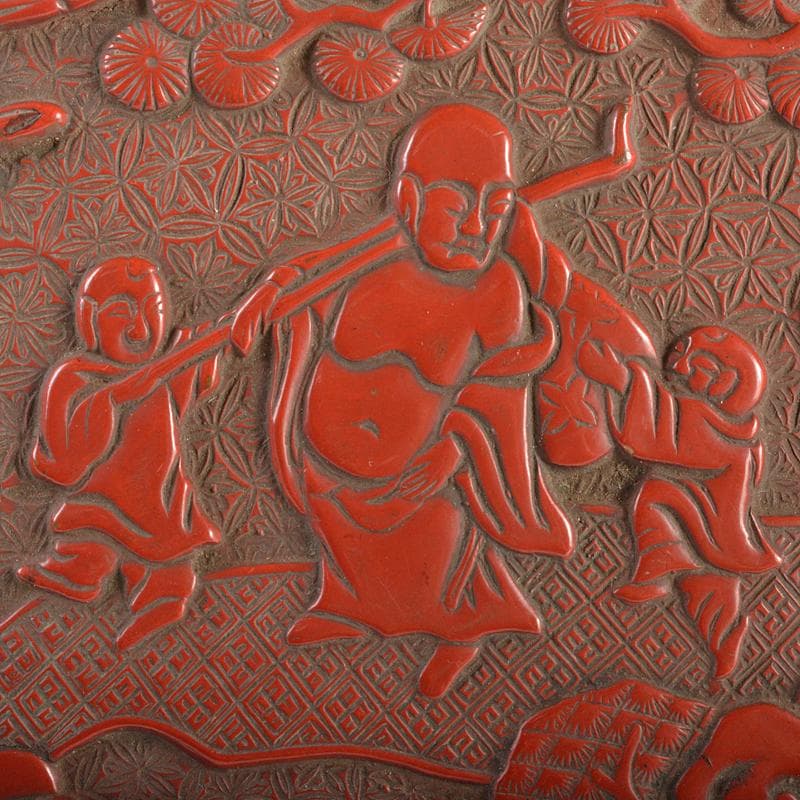 中国　剔紅　堆朱　山水人物文　四方　肉池　朱肉入　D　R6177