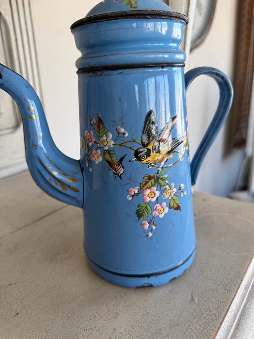 フランスアンティーク激レア！小花と小鳥のハンドペイントホーローコーヒーポット