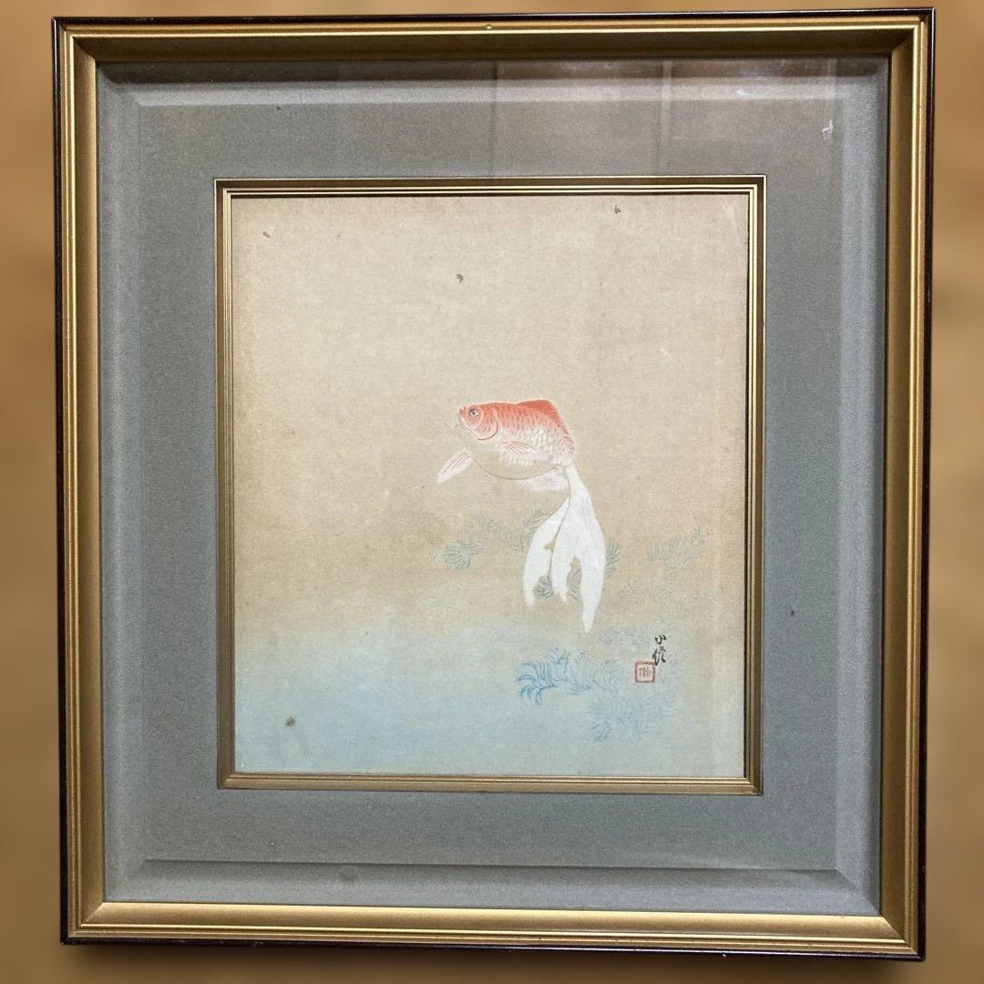 激レア 木版色摺 長谷川小信 「金魚」額約41×38色紙27×24cm