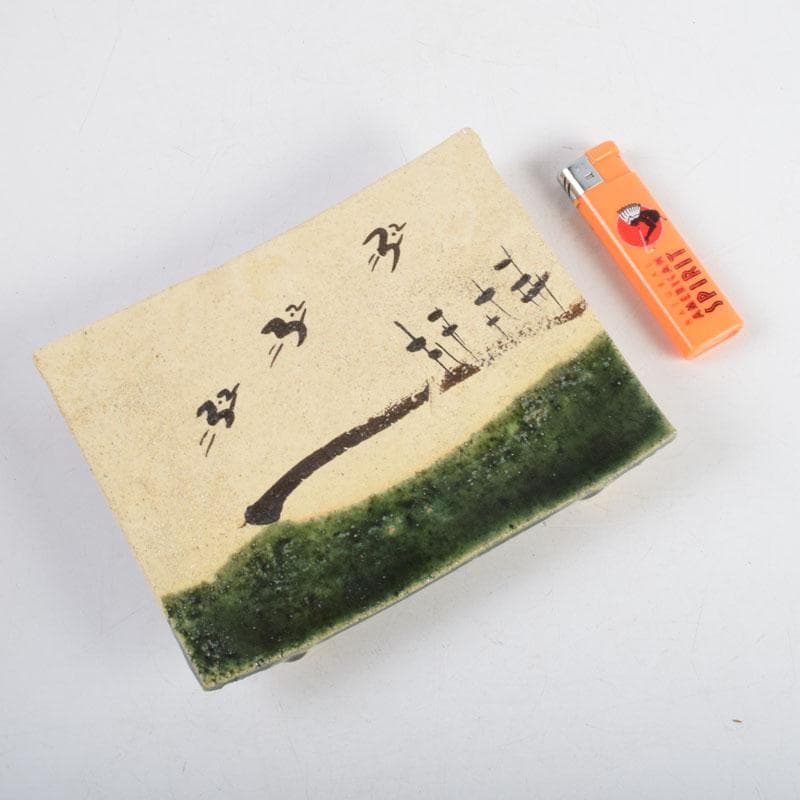 北大路魯山人作　織部焼　青織部　鳥文　四方皿　五客　時代箱　M　8981