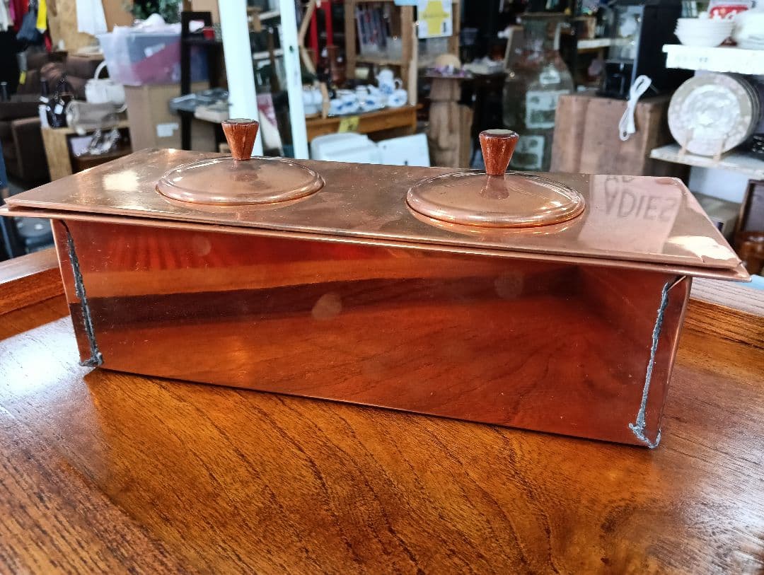 y【ビンテージ】木製火鉢 銅製内部コンパートメント付き