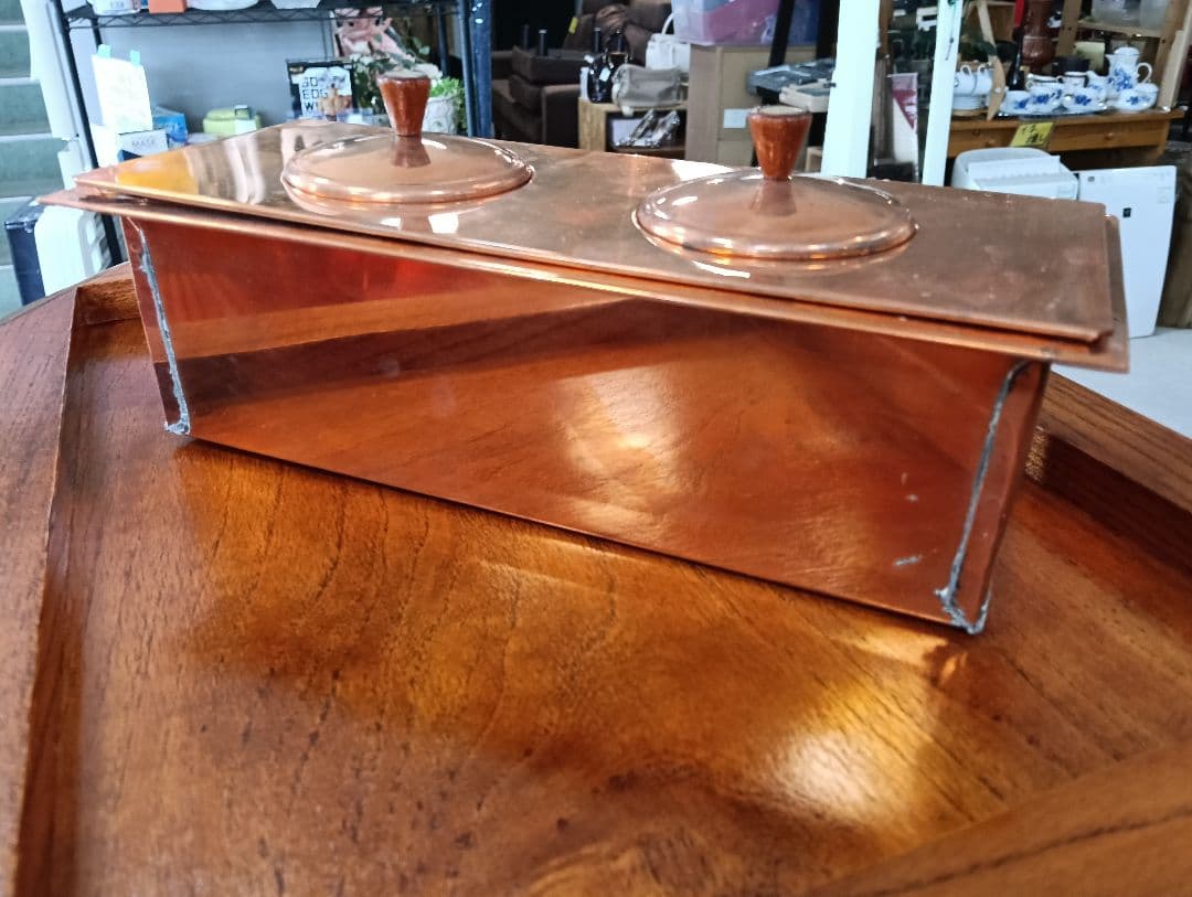 y【ビンテージ】木製火鉢 銅製内部コンパートメント付き