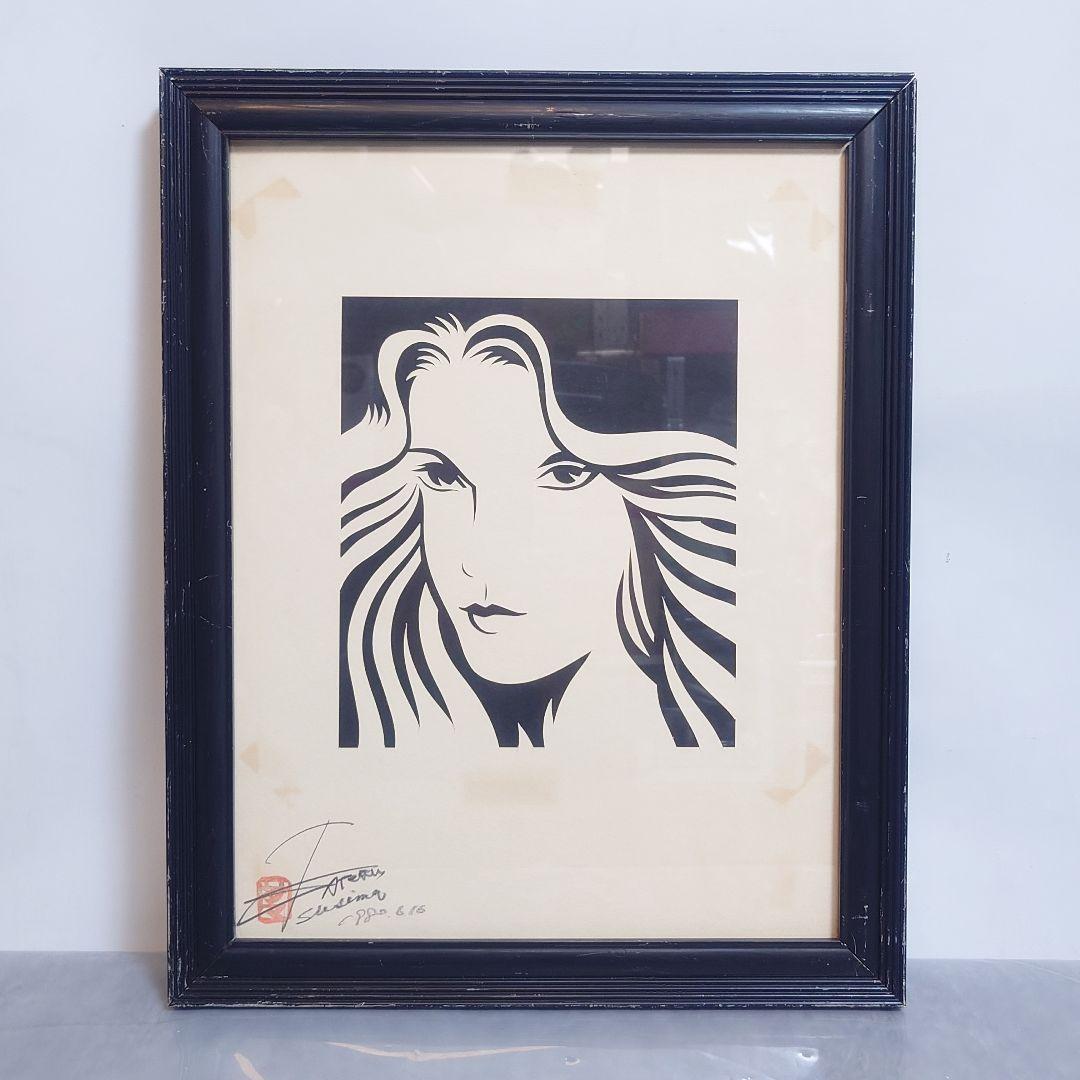 女性の顔の線画アート 1980年サイン入り