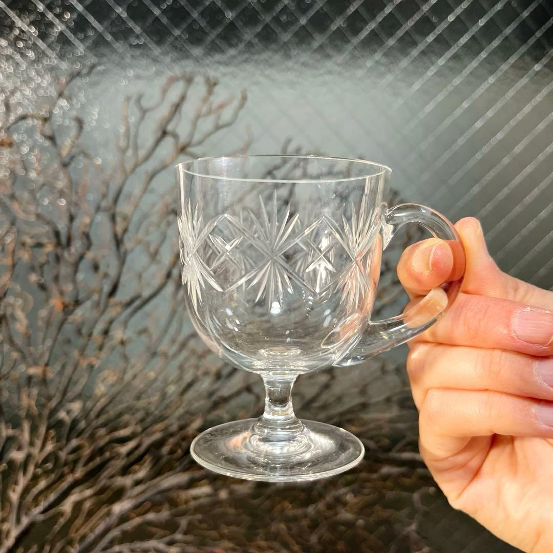 骨董　時代ガラス　ギヤマン　切子　耳付ききグラス　リキュールグラス　１客　ウラン