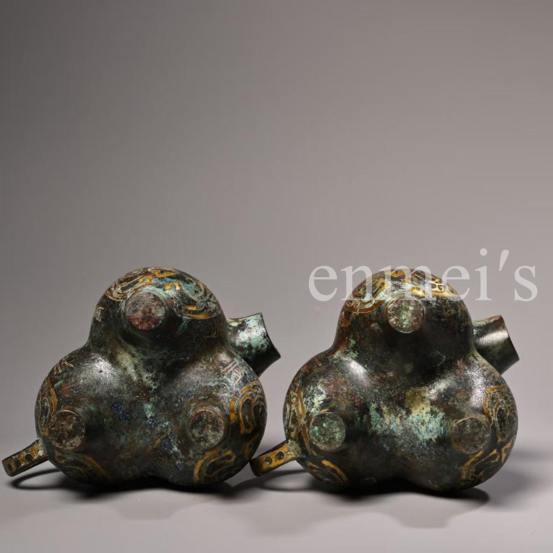 中国古美術・旧蔵青銅製錯金三足酒器 セット・酒具・分酒器・純手作り・置物・茶道具