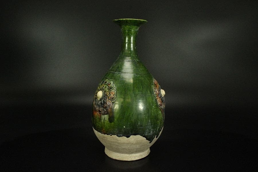 中国美術 緑釉 ニ彩 貼花瓶 高26.3cm(LC145)