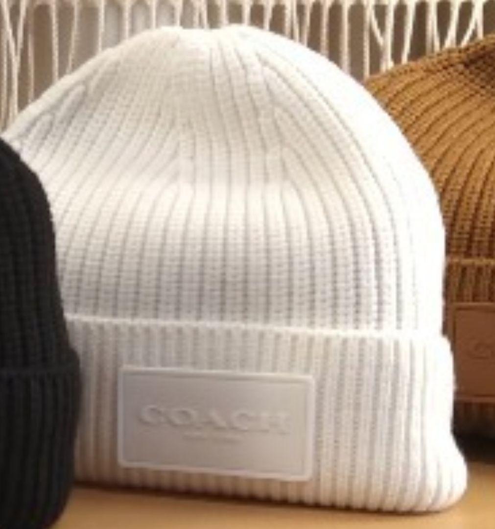 値引き!試着のみ COACH コーチ ニット帽 ニットキャップ ビーニー 白