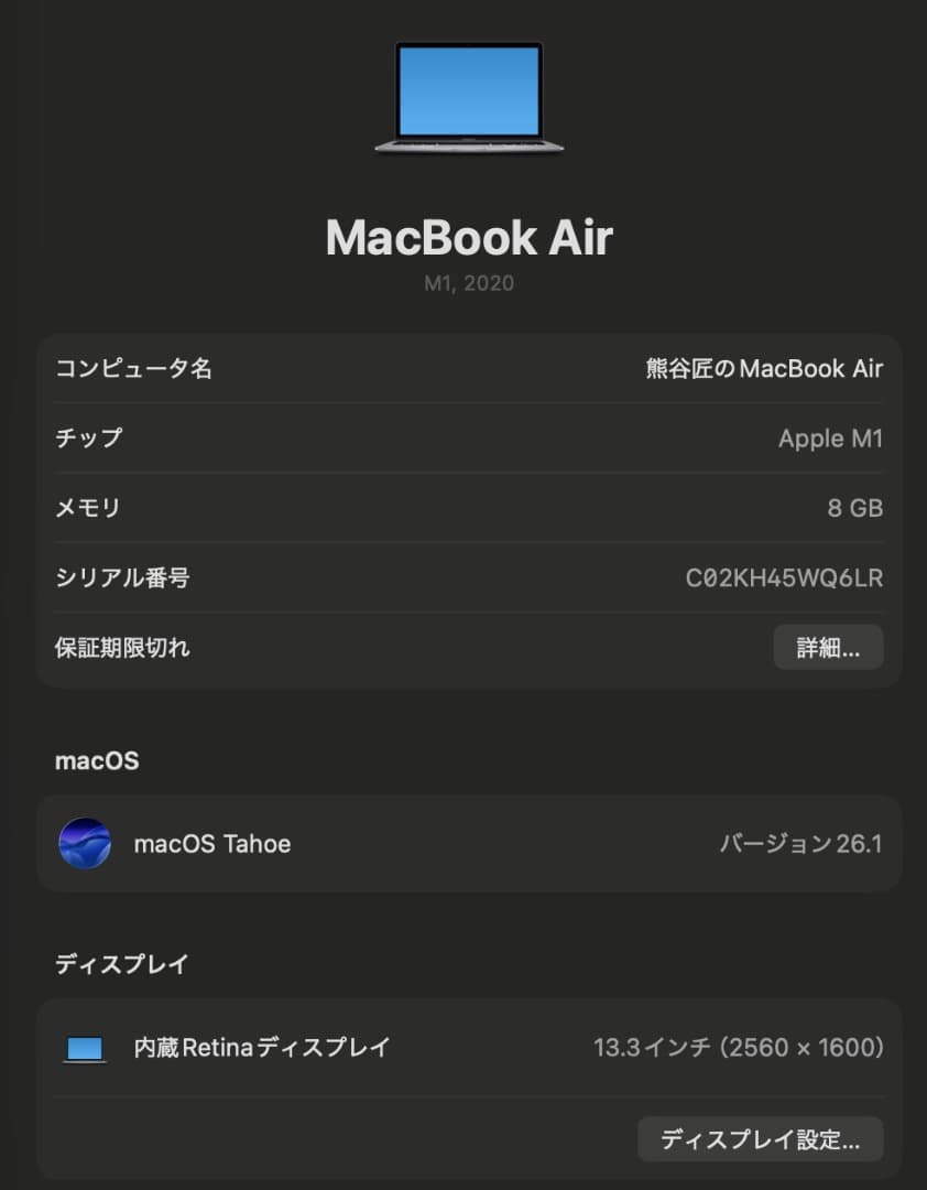 MacBook本体 Apple MacBook Air (M1, 2020)