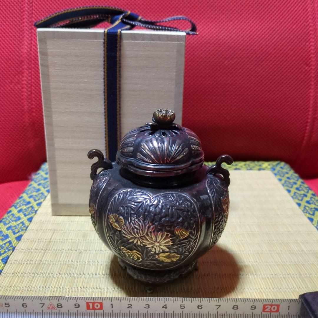 高岡銅器 香炉 花彫刻 桐箱付