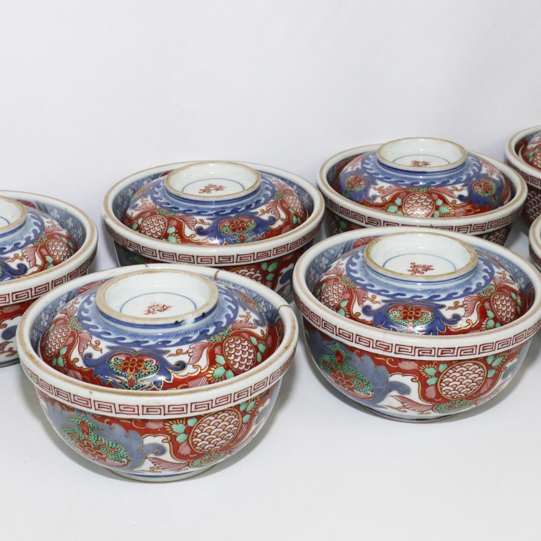 冨貴長春　蓋付茶碗　錦絵 染付 金彩 古伊万里　7客　吉祥　1客に金継ぎ有り