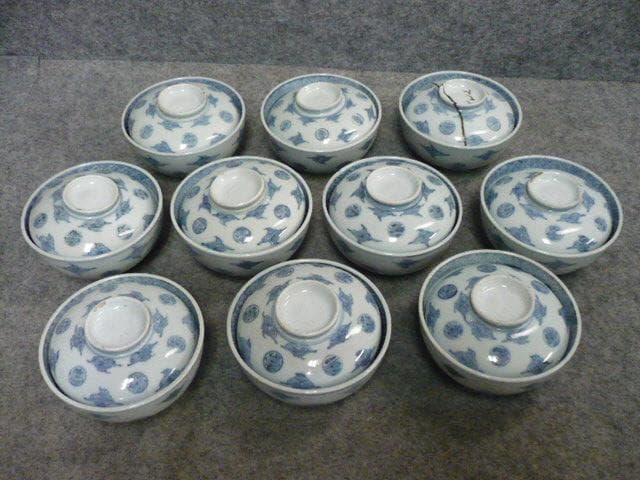 古伊万里 丸寿文 染付 蓋茶碗 10個 [B31378]
