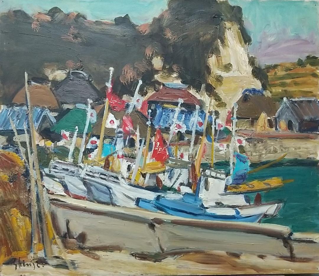 「浜の正月」F10 '68 油絵 絵画 油彩画 日本 日の丸 国旗