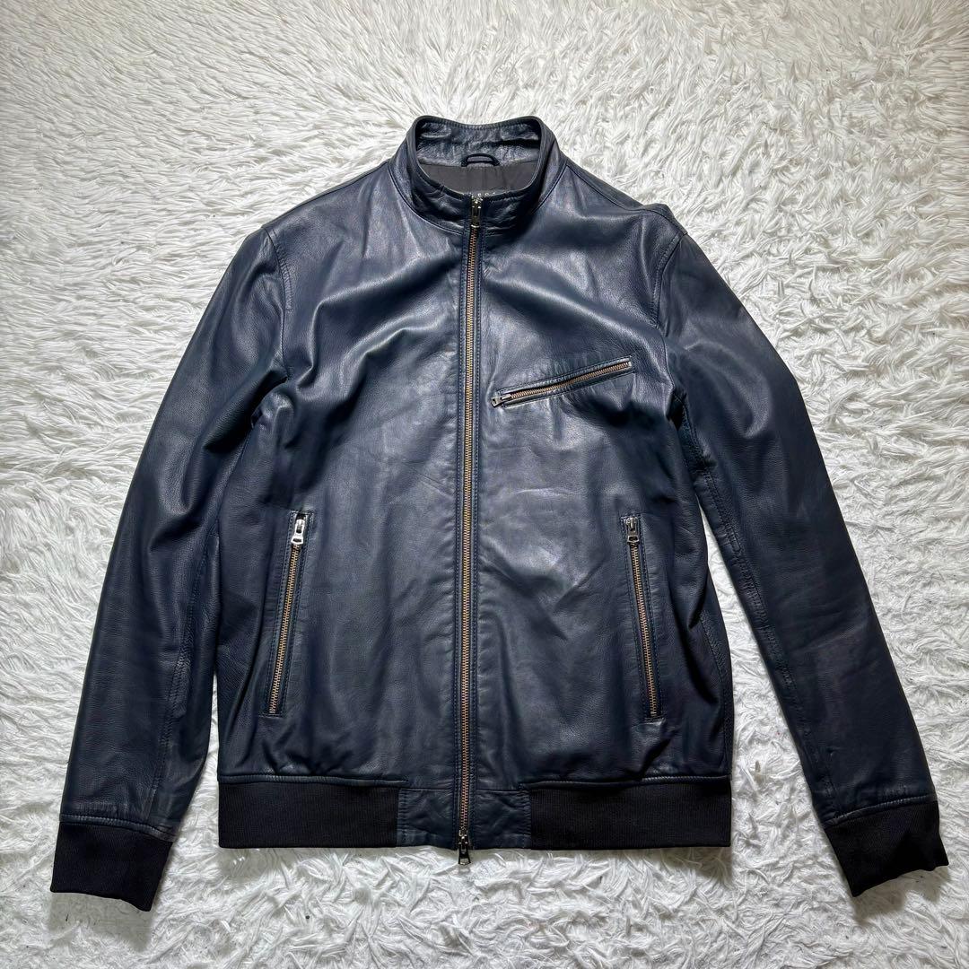 【美品】Theory 羊革　シングルライダースジャケット　紺　M シープレザー