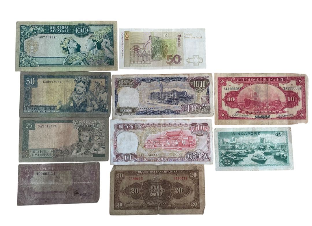 旧紙幣 インドネシア スカルノルピア/ドイツマルク/台湾 中国/シンガポール