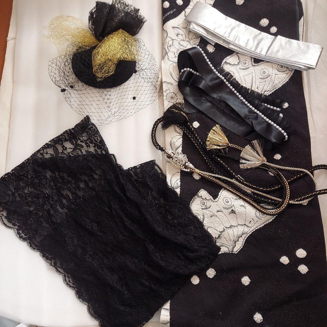 正絹振袖 蝶と辻ヶ花模様 黒と白 帯揚げ 帯締め 重ね襟 髪飾り