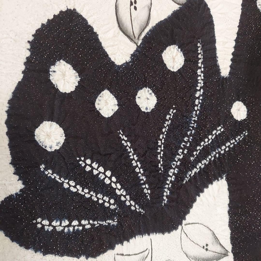 正絹振袖 蝶と辻ヶ花模様 黒と白 帯揚げ 帯締め 重ね襟 髪飾り