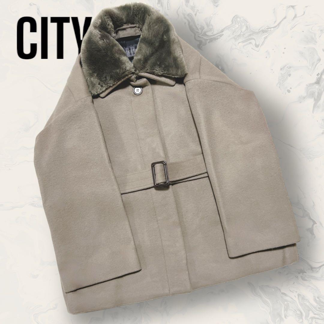 【未使用】 CITY ウール メルトン ファー ショート コート