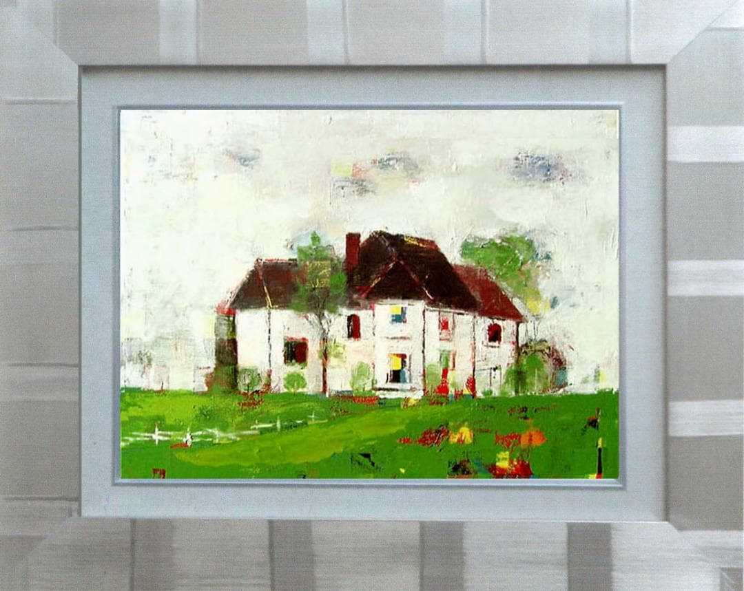 油絵 菅家令子 絵画インテリア 額付(青緑＋金色の枠) uF6-062203風景