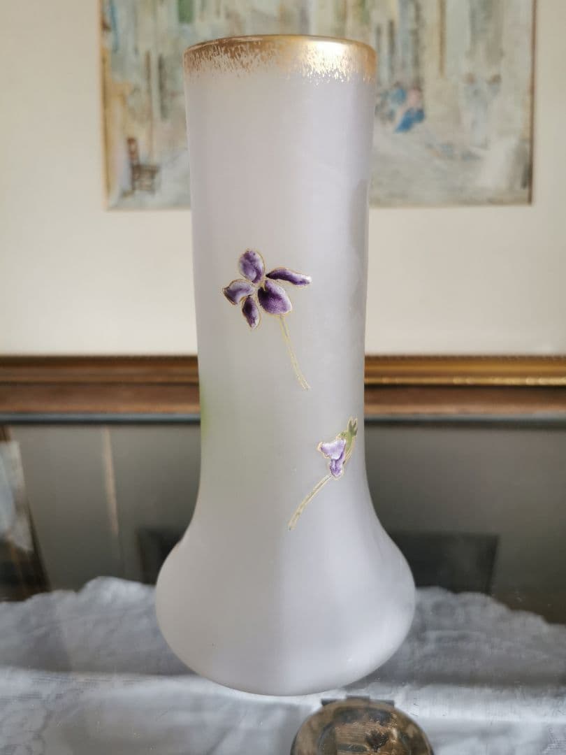 アンティークフランス ルグラ 手描き盛上げエナメル金彩 菫紋 ヴィオラガラス花瓶