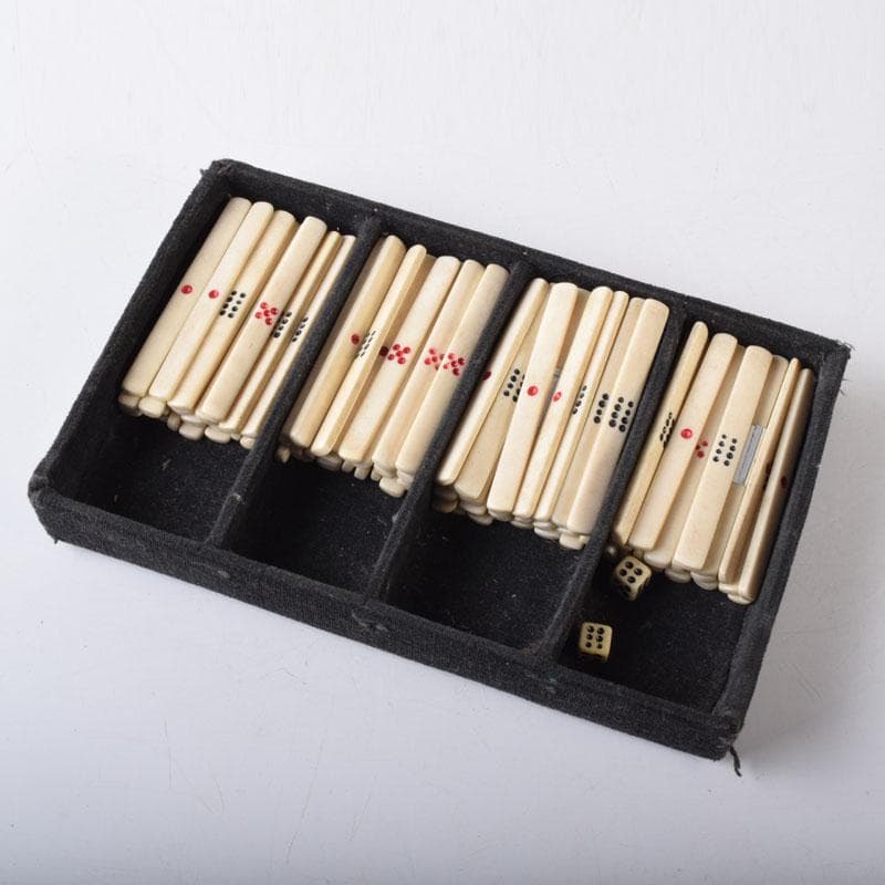 中国　竹嵌　骨牌　背竹牌　麻雀牌　皮製ケース付　V　7447