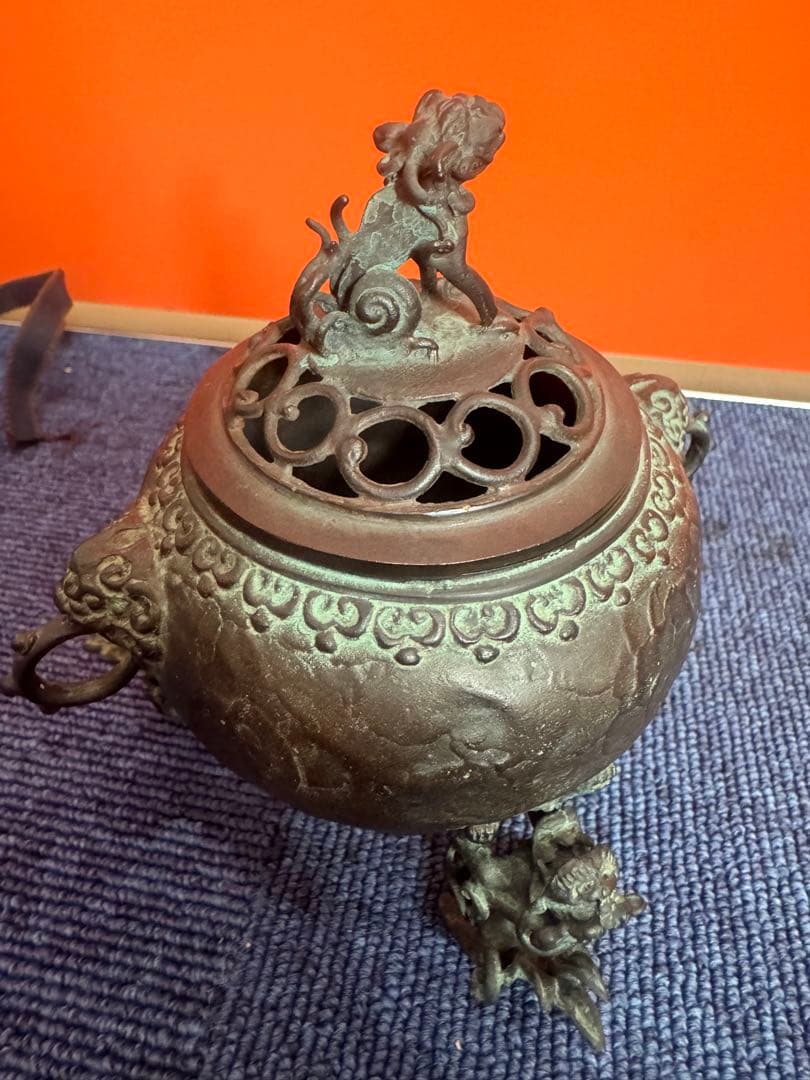 1817 高岡銅器　須賀七郎作　月芳　蝋型鋳銅　三獅子　香炉　時代物