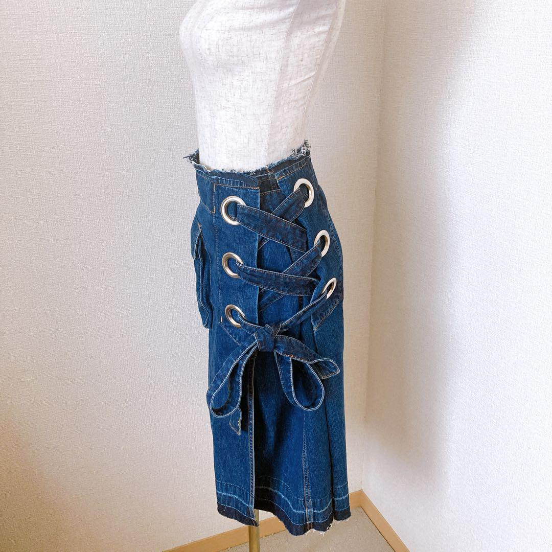 希少 sacai デニムスカート レースアップ カットオフ ミモレ丈 インディゴ