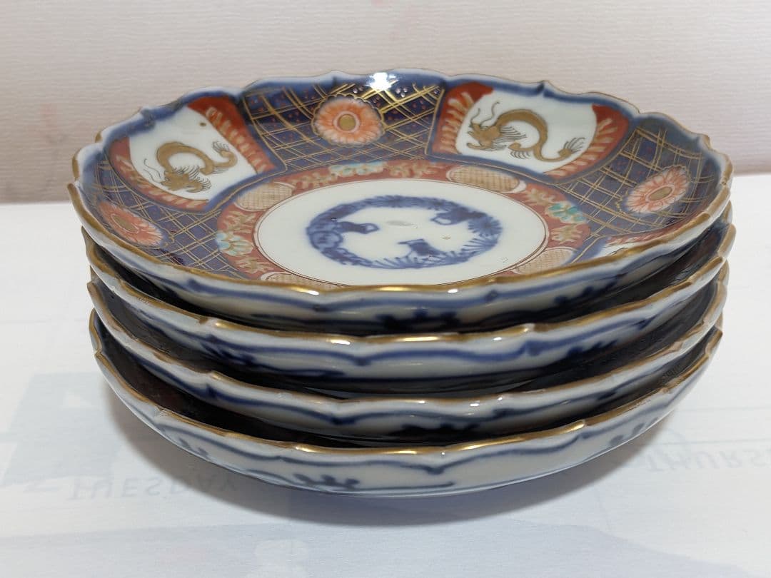 ♦江戸時代古伊万里 大明成化年製 染付金襴手 吉祥文 輪花豆皿 四枚組み 骨董品