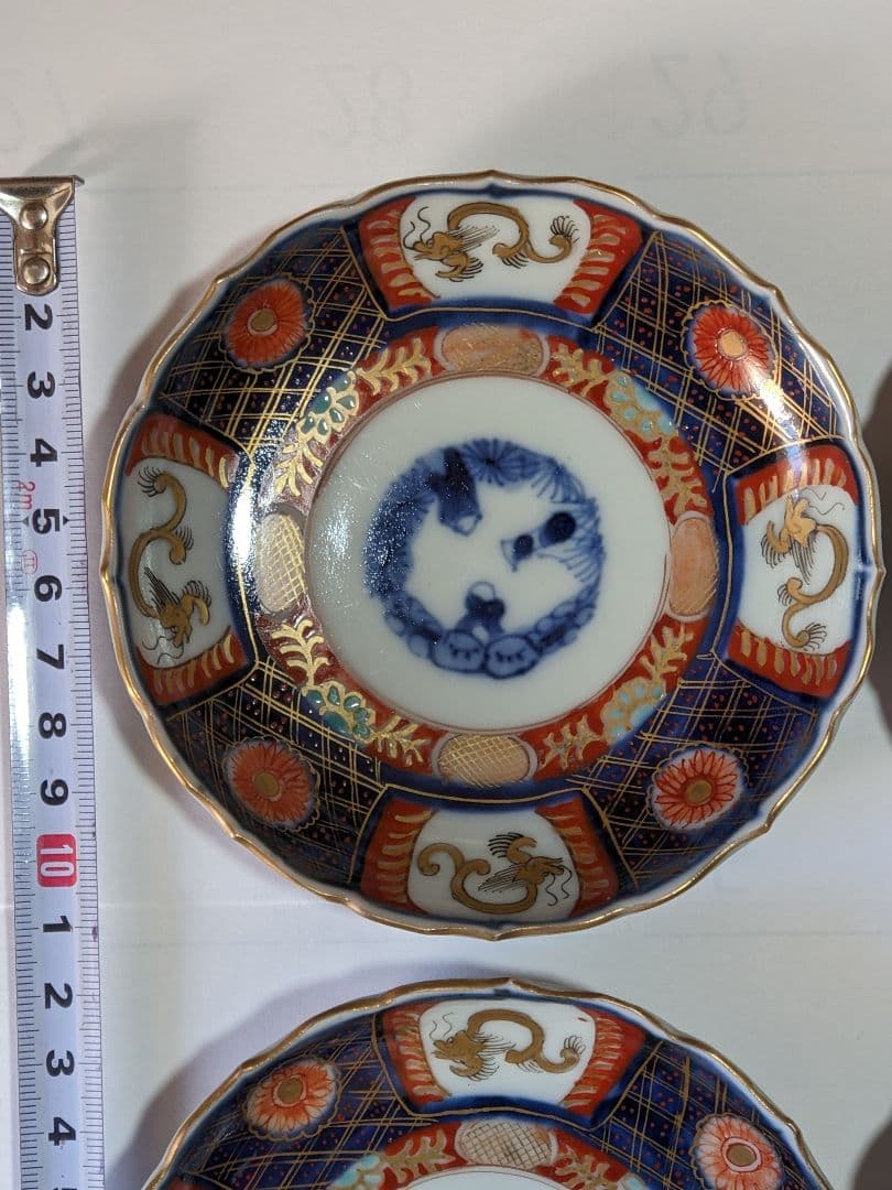 ♦江戸時代古伊万里 大明成化年製 染付金襴手 吉祥文 輪花豆皿 四枚組み 骨董品