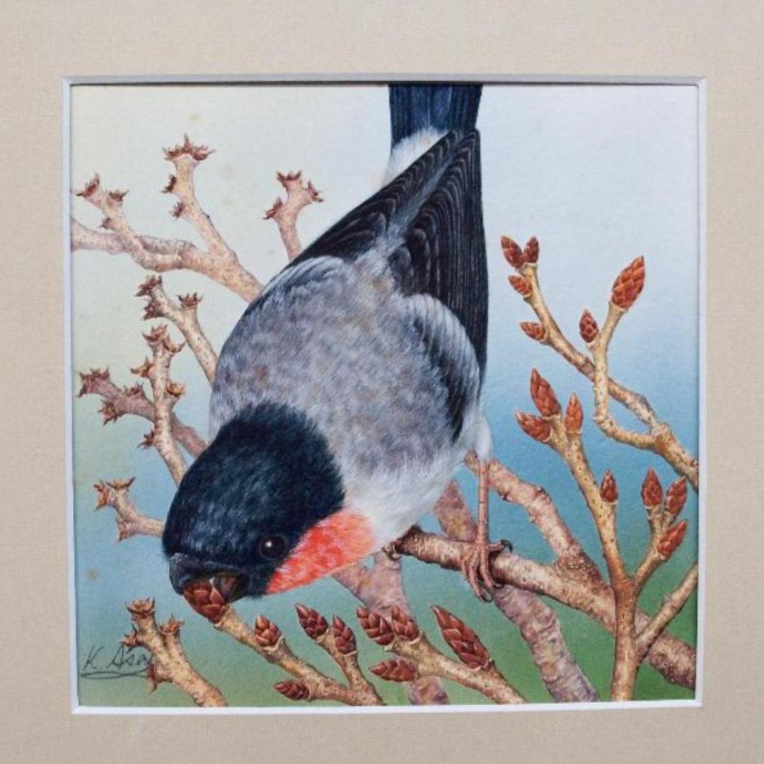 【絵画】ネイチャーアート「梅の新芽をついばむウソ」