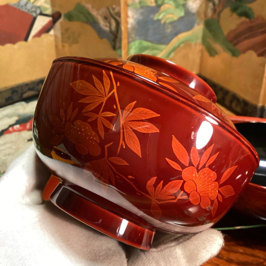 A893 木製輪島塗　白檀塗　山吹蒔絵　『千舟堂』　吸い物椀　煮物椀　5客