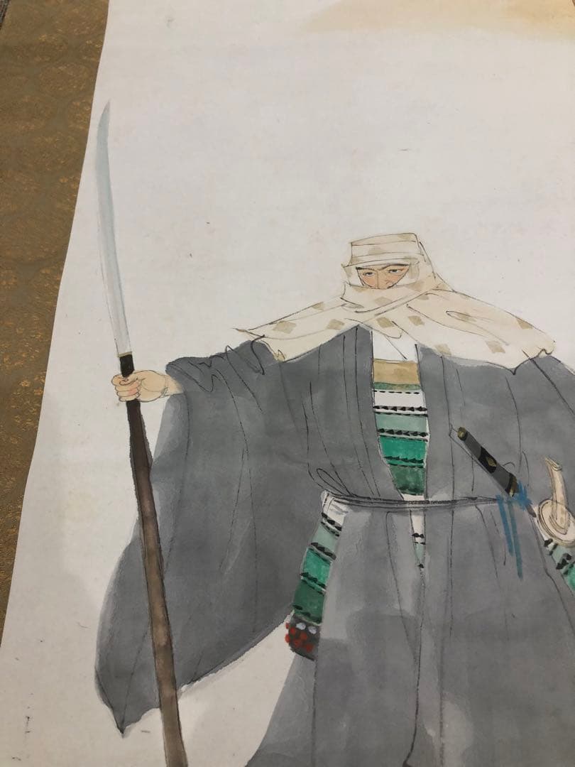 《山門之徒》掛畫。名畫家「福田  惠一」作品。美品。原畫，共箱。昭和時代。