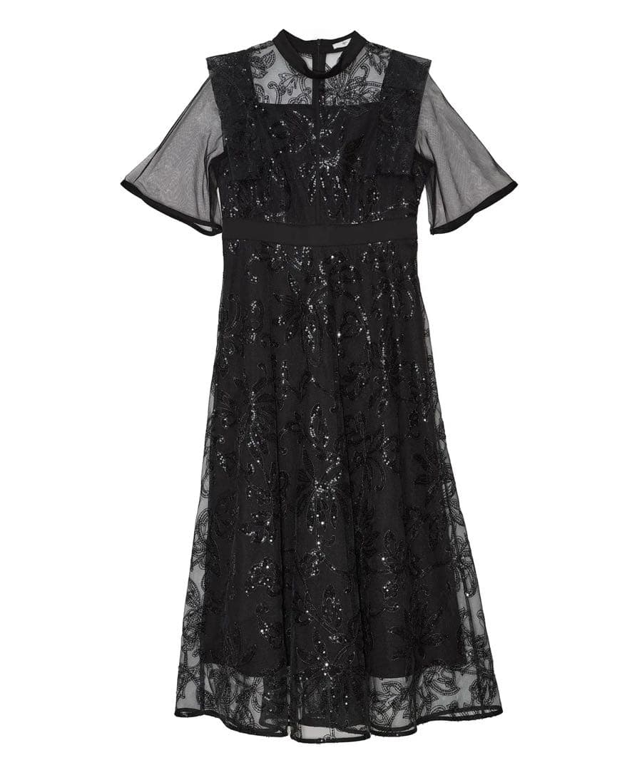 フラップデザインフラワースパンコールAラインワンピースドレス