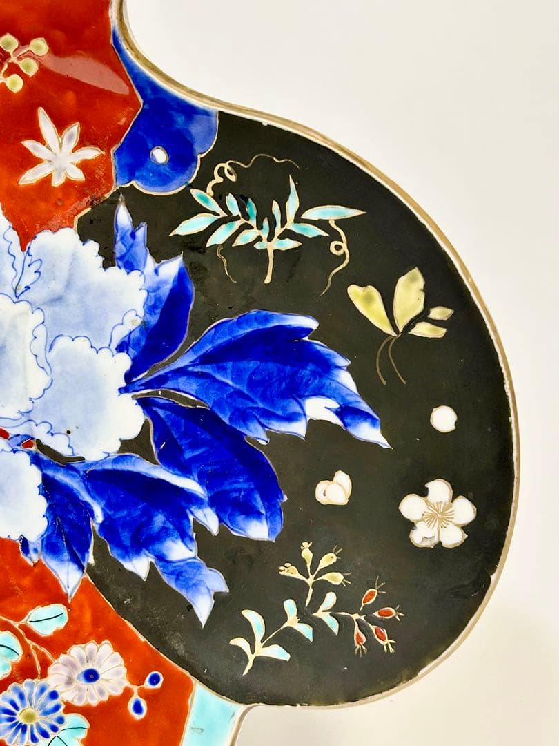 明治初期 香蘭社 染錦牡丹文団扇形皿 伊万里 有田