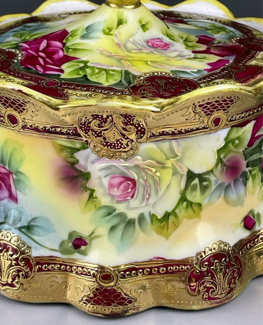 【希少】オールドノリタケ 約２３cm 薔薇紋 ビスケットジャー メープルリーフ