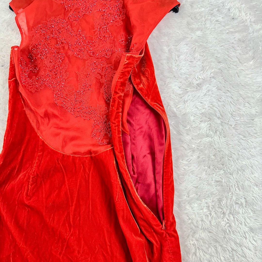シャンハイタン　30周年記念　ロングワンピース　ベロア　チャイナドレス　赤　S