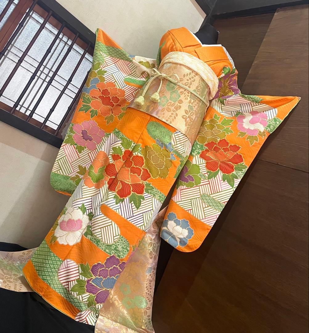 振袖フルセット6点サイズS〜M豪華金駒刺繍　牡丹花文　正絹　売り切り終了