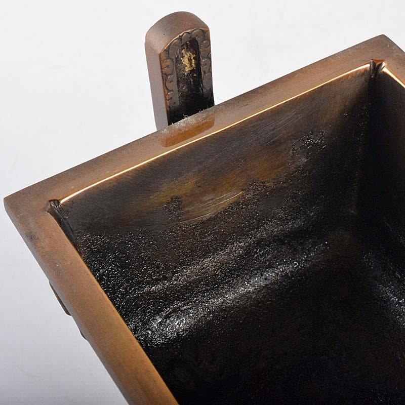 高岡銅器　米田陵山作　鋳銅　獅子摘　四方香炉　鼎　M　R7650